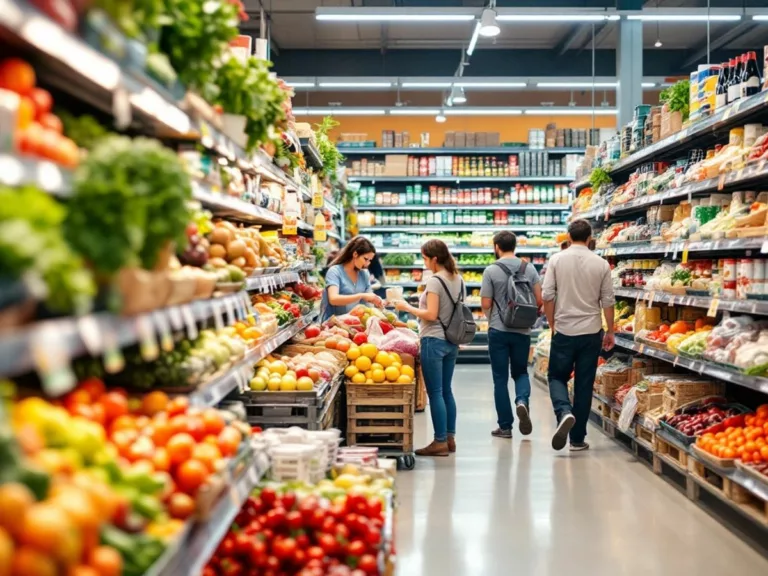 Busy supermarket aisle with fresh produce and shoppers.