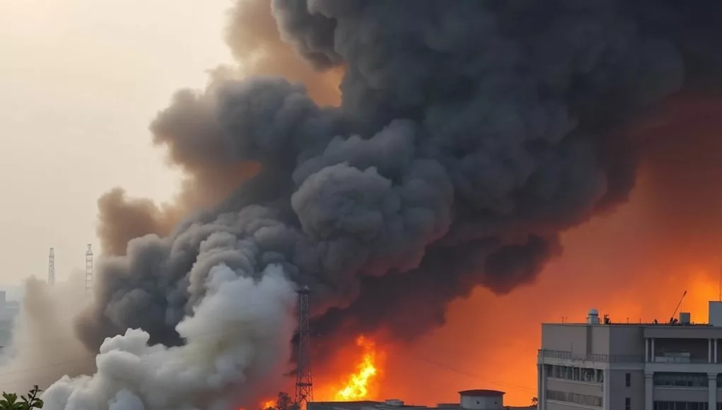 Smoke and flames at an iPhone factory in India.