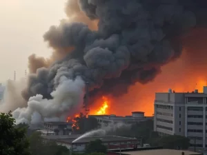 Smoke and flames at an iPhone factory in India.