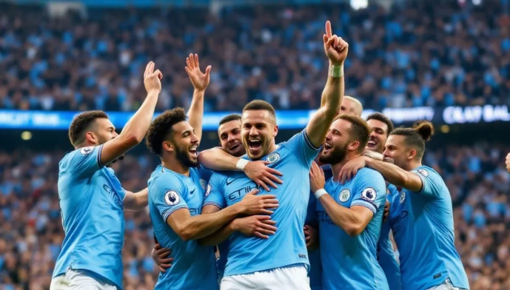 Manchester City players celebrating Champions League victory.