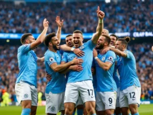 Manchester City players celebrating Champions League victory.