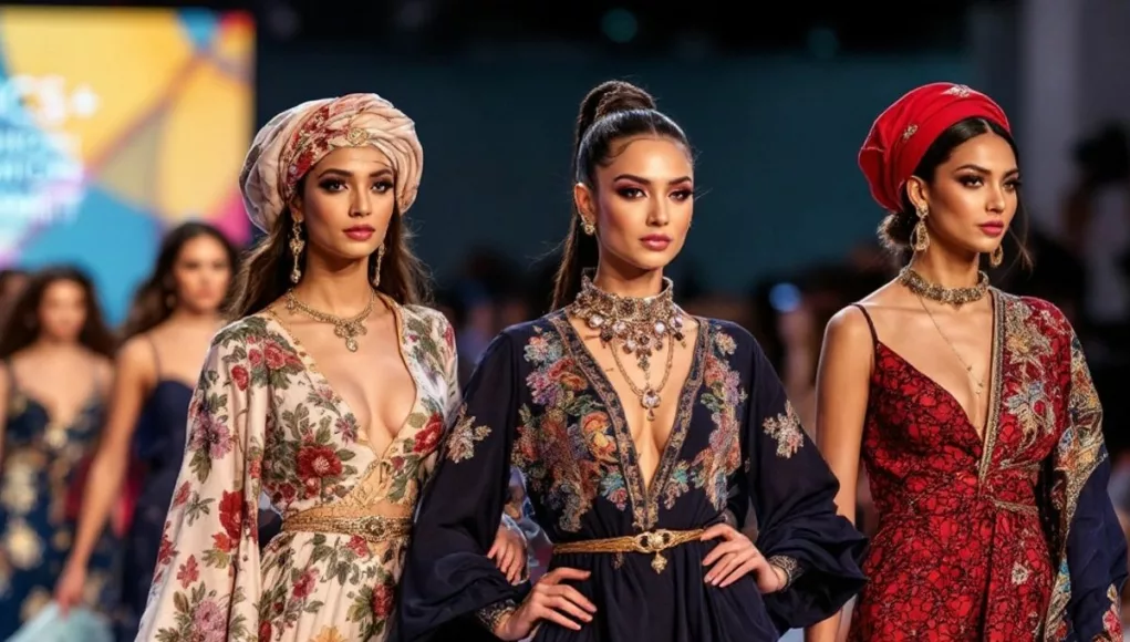 Models in colorful Middle Eastern fashion at a summit.