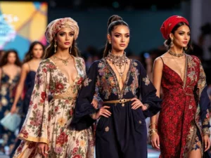 Models in colorful Middle Eastern fashion at a summit.