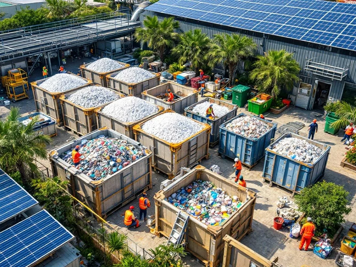 Abu Dhabi recycling facility with workers and green surroundings.