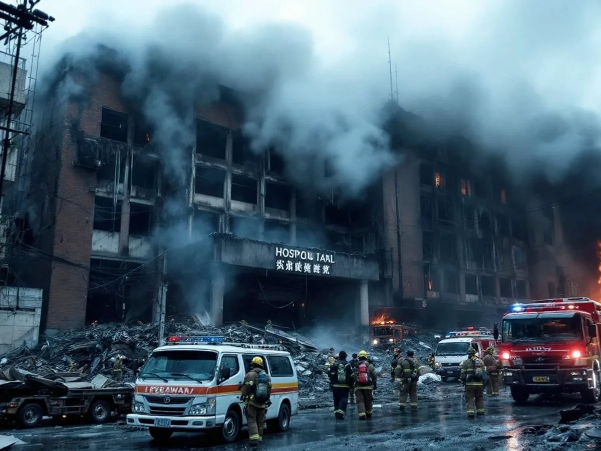 Burned hospital building with firefighters and emergency vehicles.