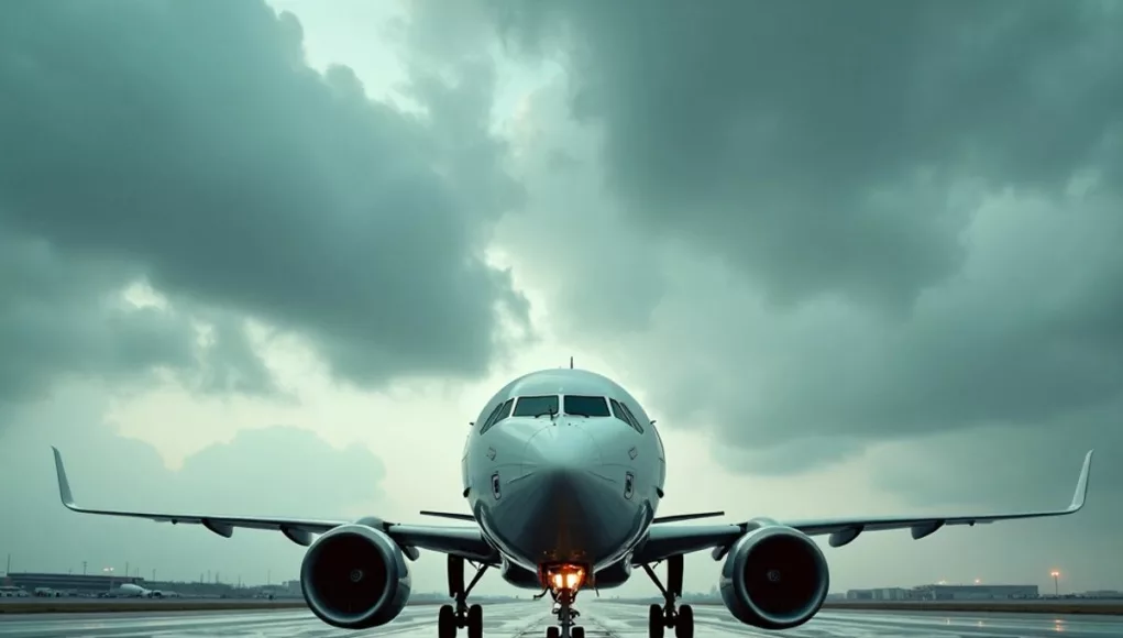 Airplane on runway under cloudy sky, indicating flight cancellations.