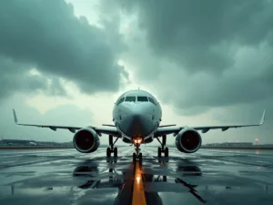 Airplane on runway under cloudy sky, indicating flight cancellations.