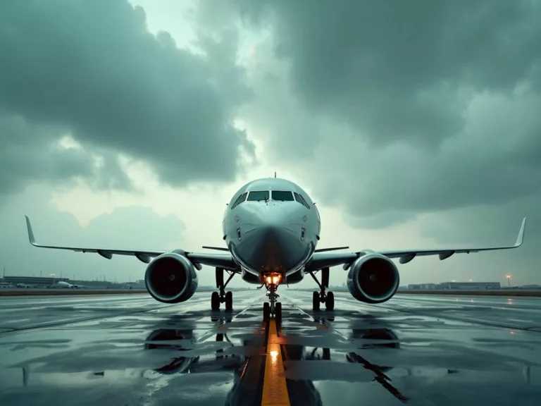 Airplane on runway under cloudy sky, indicating flight cancellations.