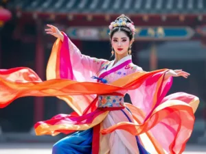 Cho Da-hee performing traditional dance in colorful hanbok.