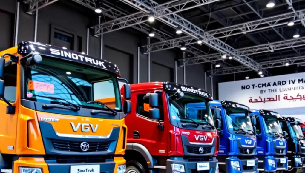 Sinotruk VGV vehicles in a modern showroom setting.