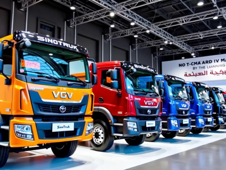 Sinotruk VGV vehicles in a modern showroom setting.