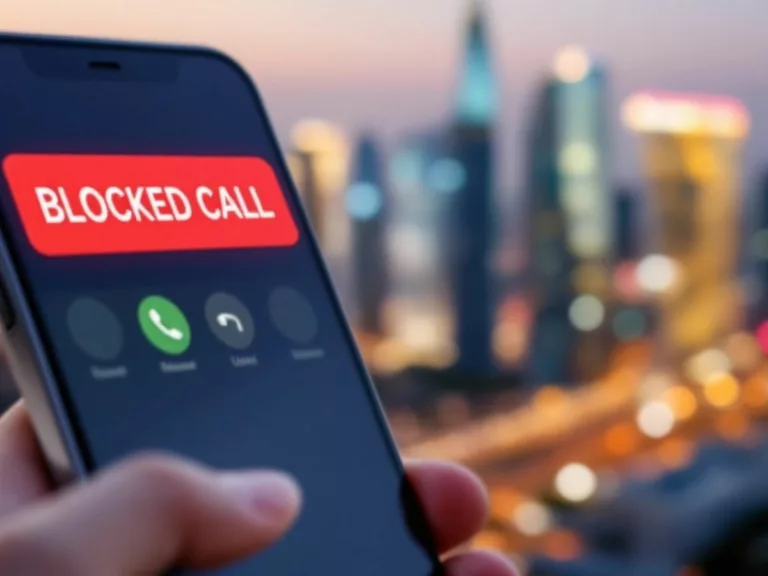 Smartphone displaying blocked call notification in urban setting.