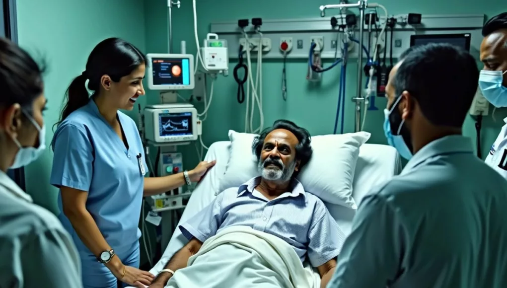 Rajinikanth in hospital bed with medical staff around.