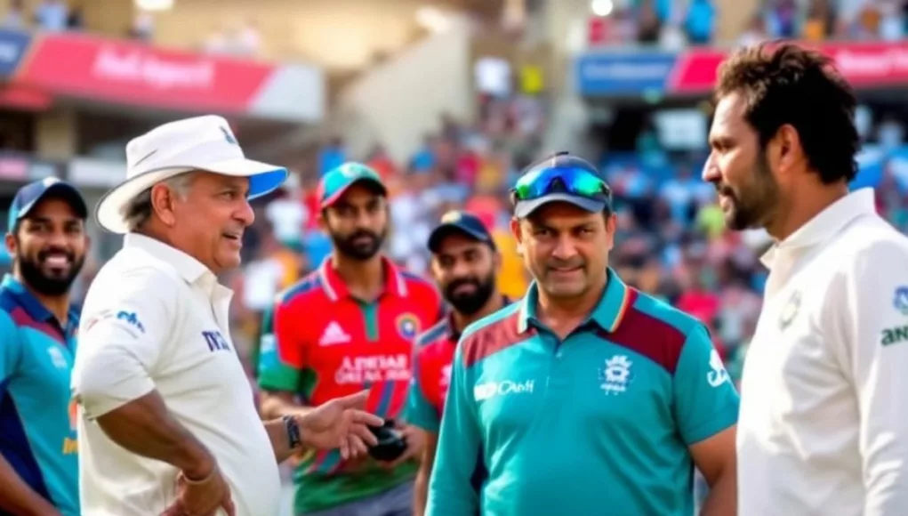 Gavaskar and Tendulkar on a cricket field during league launch.