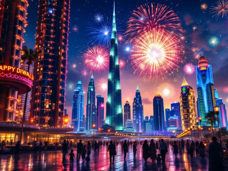 Colorful lights and fireworks in Dubai during Diwali.