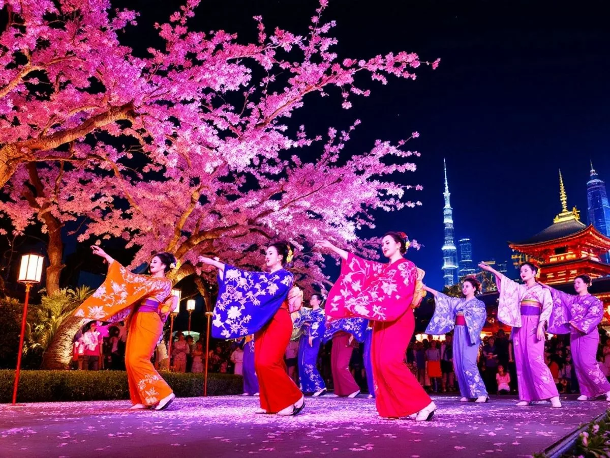 Japanese performers in colorful kimonos at Dubai event.