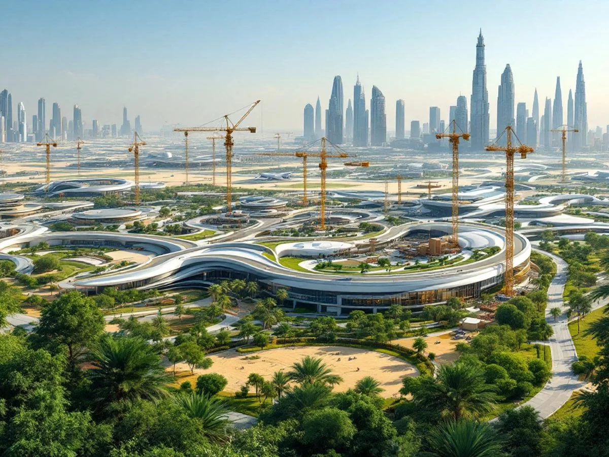 Aerial view of Dubai South with cranes and buildings.