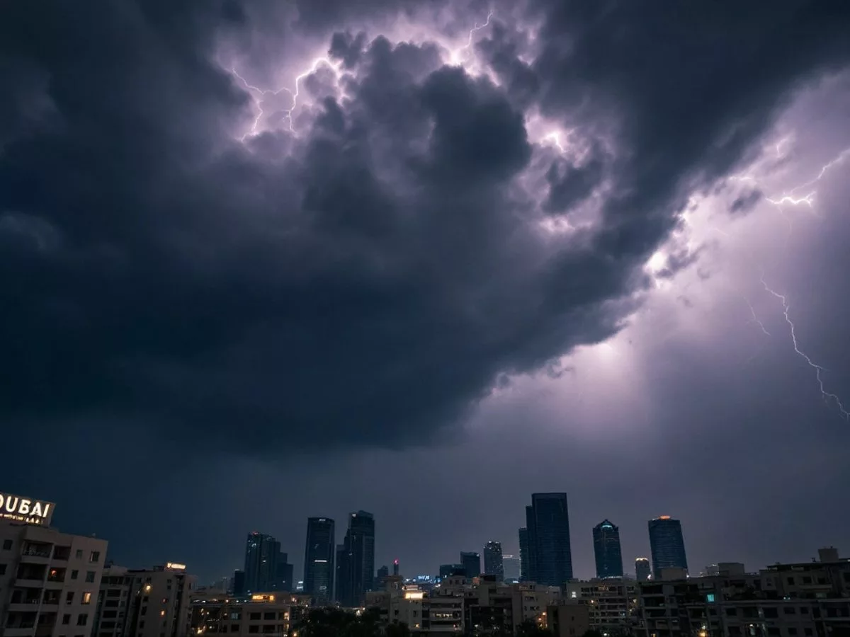 Dark storm clouds and lightning over UAE skyline.