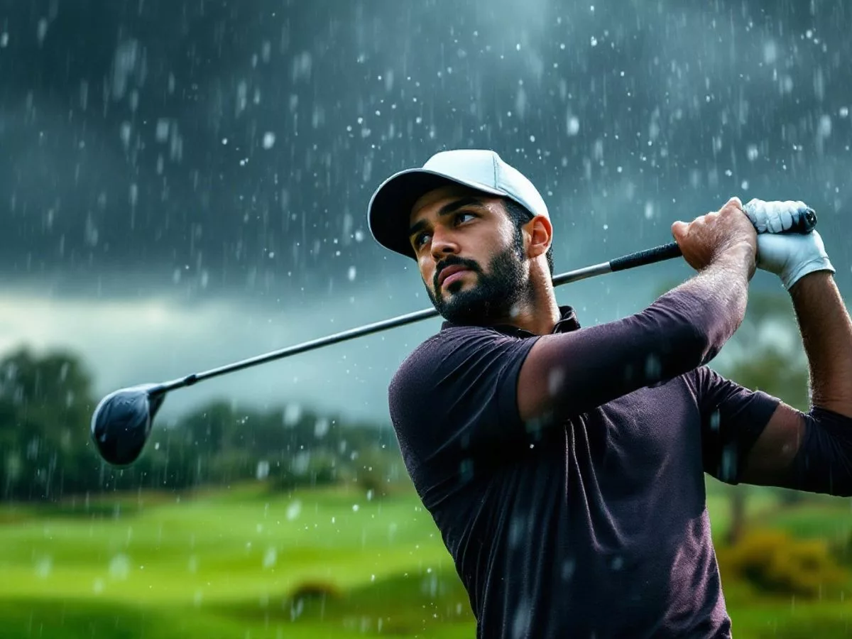 Golfer Rayan Ahmed swings in heavy rain on the course.