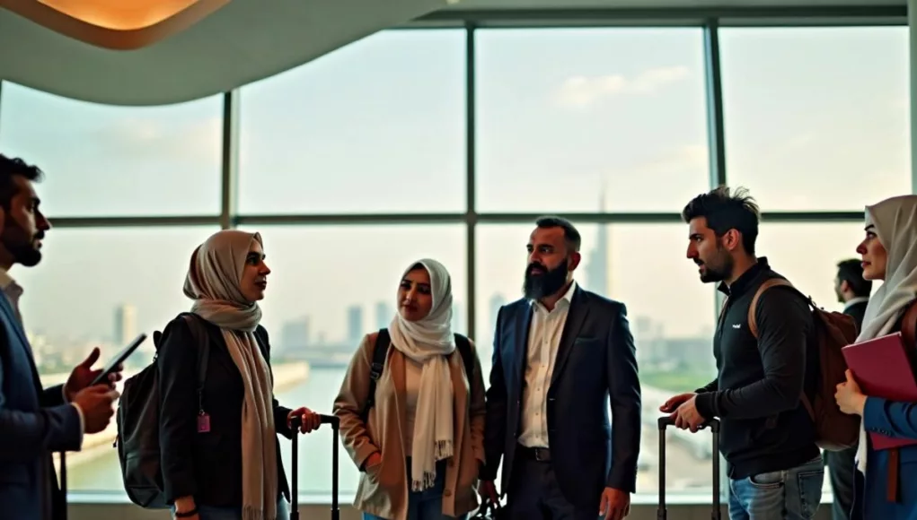 Lebanese expats discussing family evacuations at the airport.