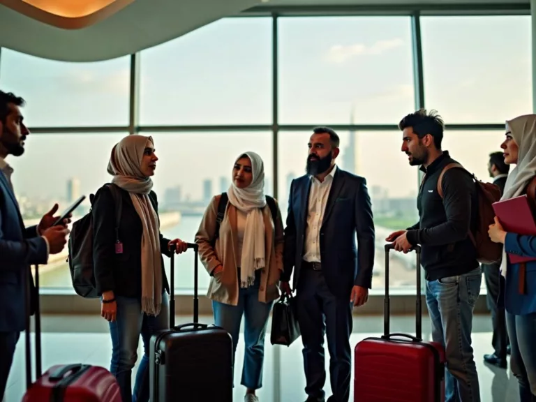 Lebanese expats discussing family evacuations at the airport.