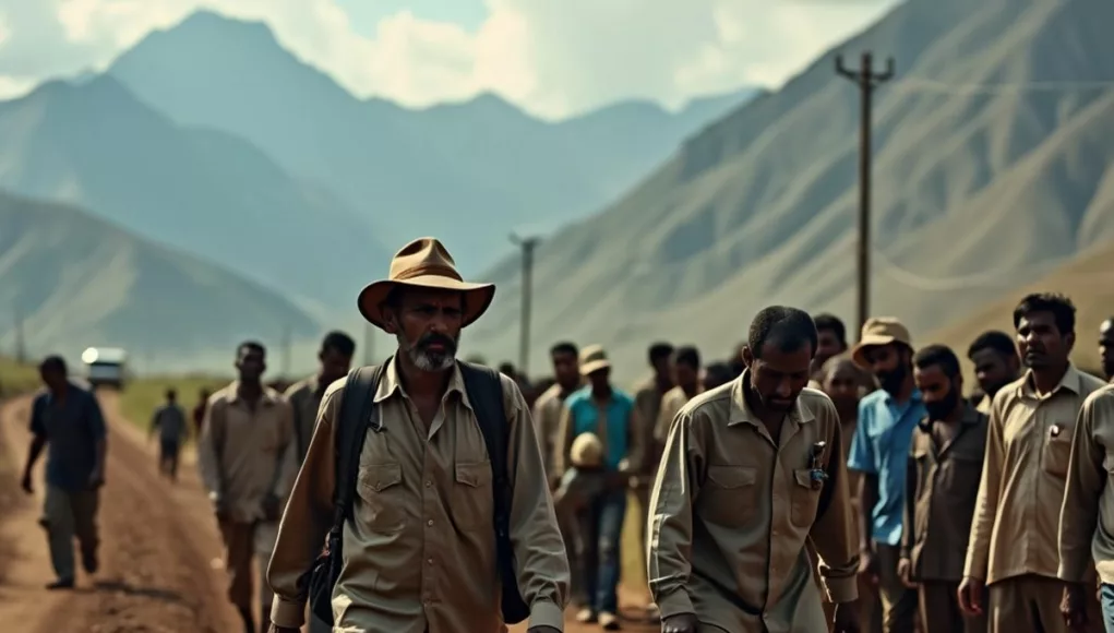 Labourers mourning in a rural setting after an attack.