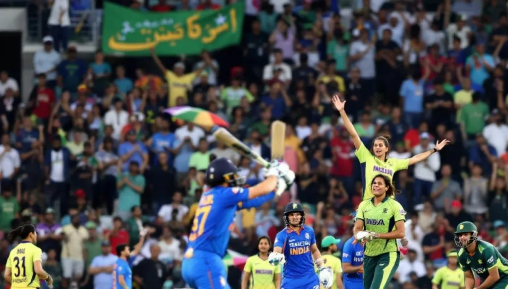 India-Pakistan women's cricket match at Dubai Stadium.