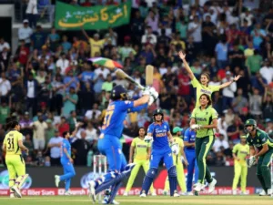 India-Pakistan women's cricket match at Dubai Stadium.