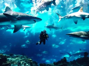 Diver swimming with sharks in clear blue water.