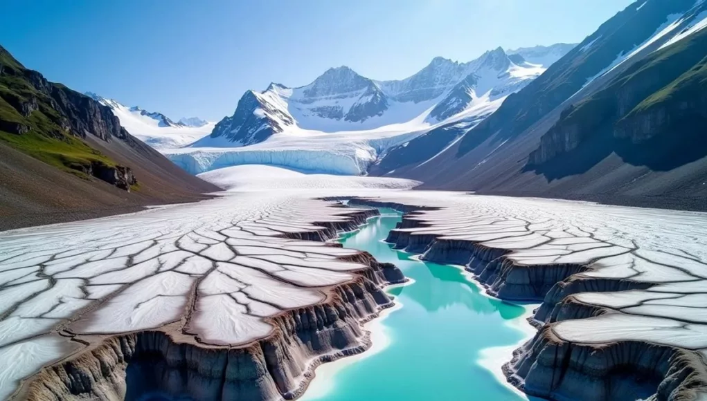 Melting Swiss glaciers with exposed rocks and blue water.