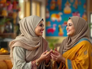 Emirati sisters smiling and speaking in traditional attire.