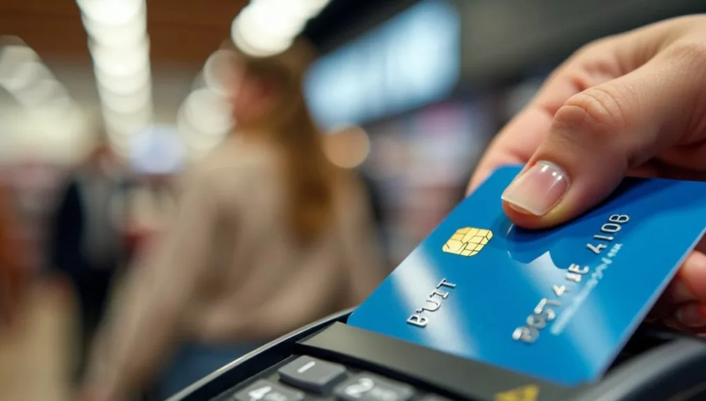 Debit card swipe at a payment terminal in a store.