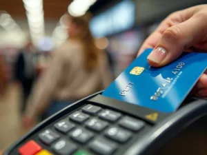 Debit card swipe at a payment terminal in a store.