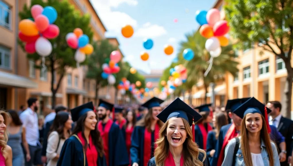 Graduates in caps and gowns celebrating at UCAM.