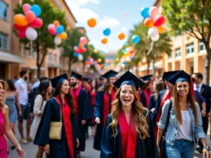 Graduates in caps and gowns celebrating at UCAM.