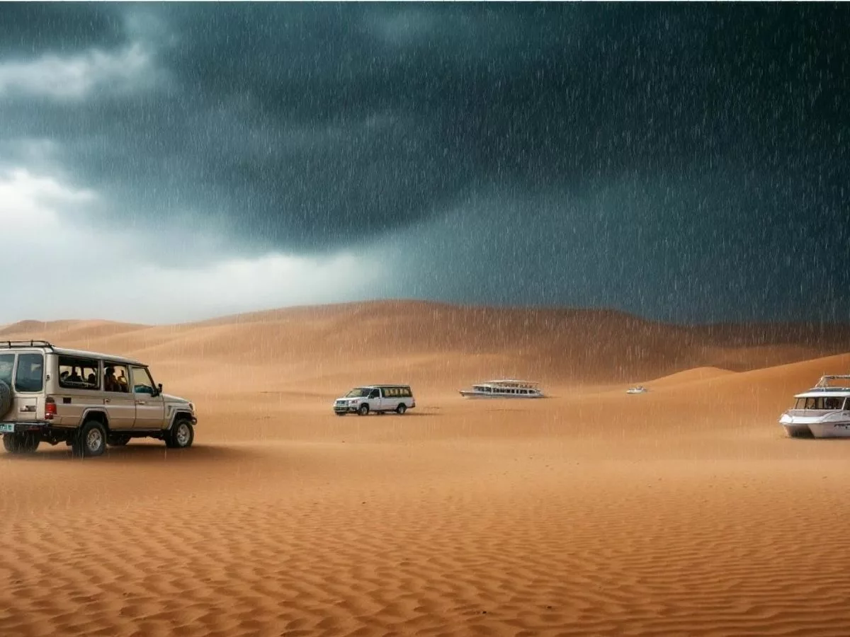 Desert landscape with rain and hail affecting tourism.