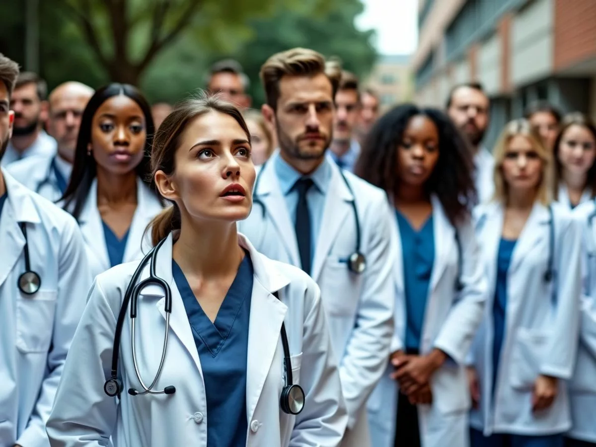 Junior doctors in white coats gathered in solidarity.