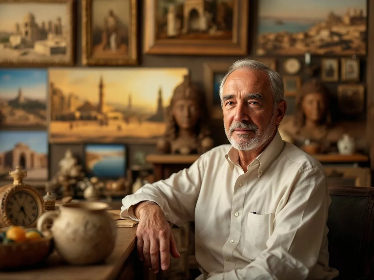 Portrait of Peter Hellyer with historical UAE elements.