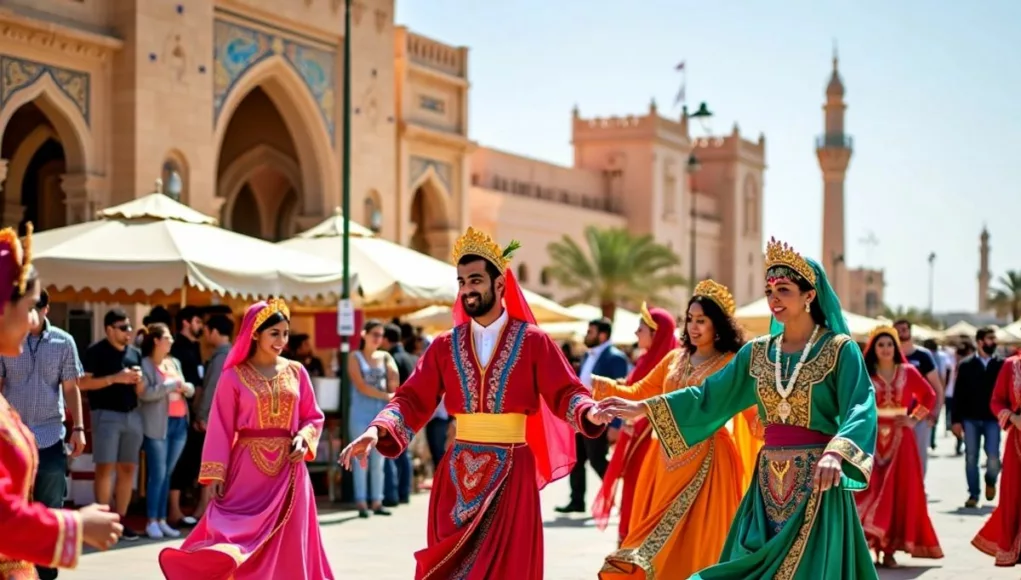 Emirati dancers in colorful attire at Al Hosn Festival.