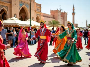 Emirati dancers in colorful attire at Al Hosn Festival.