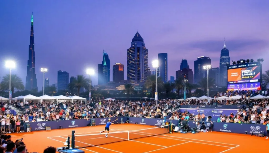 Tennis players competing in Abu Dhabi with fans cheering.