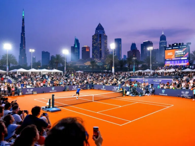 Tennis players competing in Abu Dhabi with fans cheering.