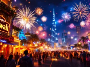 Colorful fireworks over Dubai during Diwali celebrations.