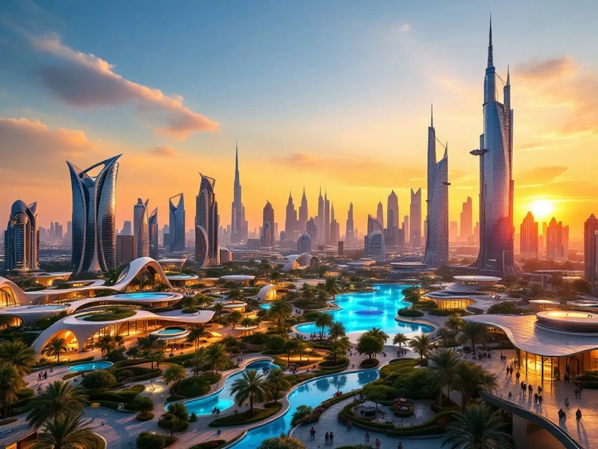 Dubai's District 2020 skyline with modern architecture and greenery.