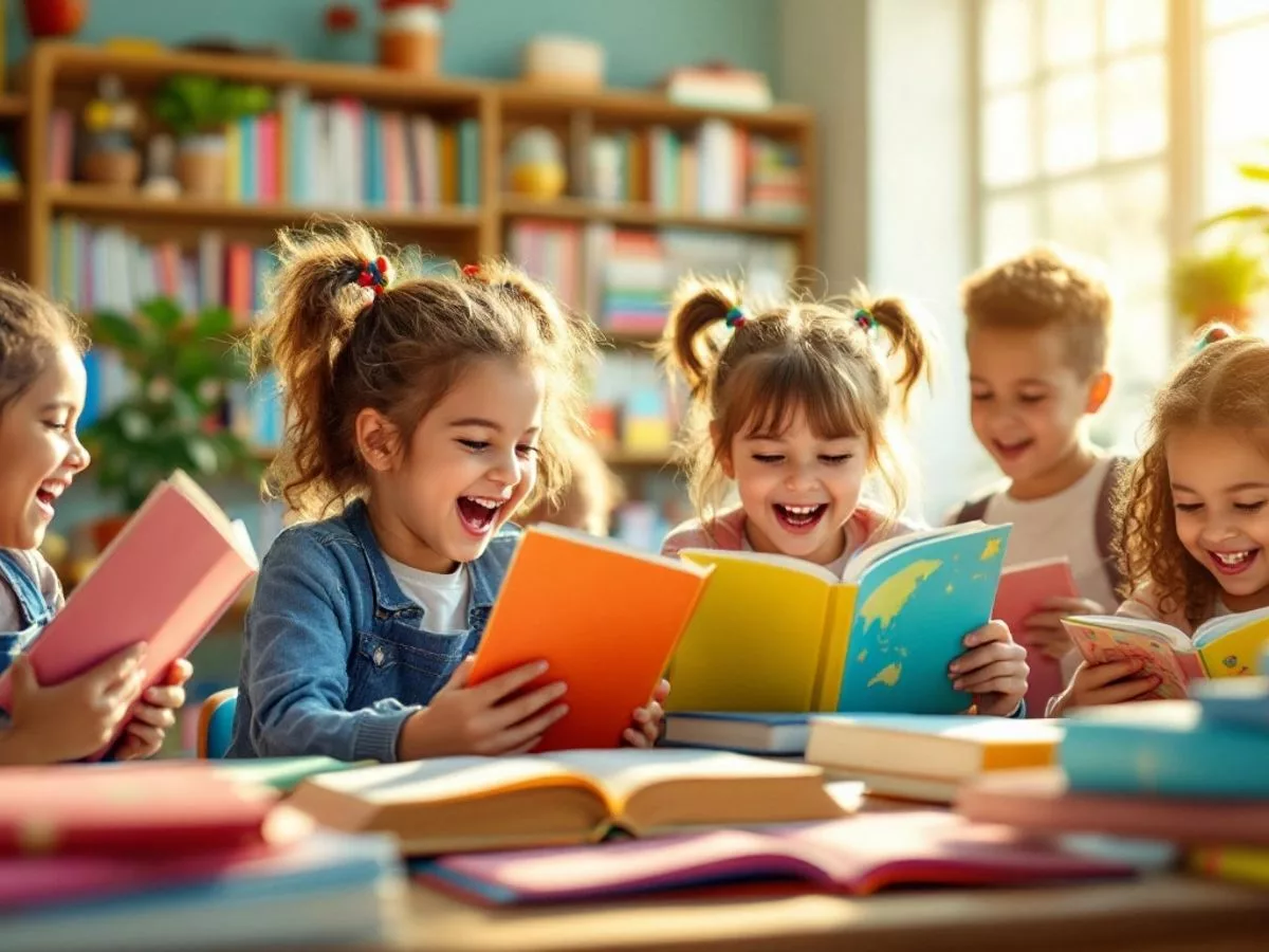 Children joyfully receiving books in a bright classroom.