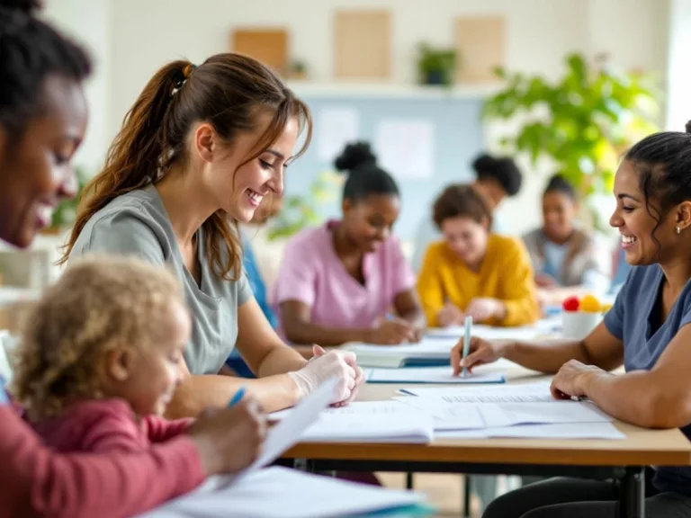 Caregivers training in a bright classroom setting.