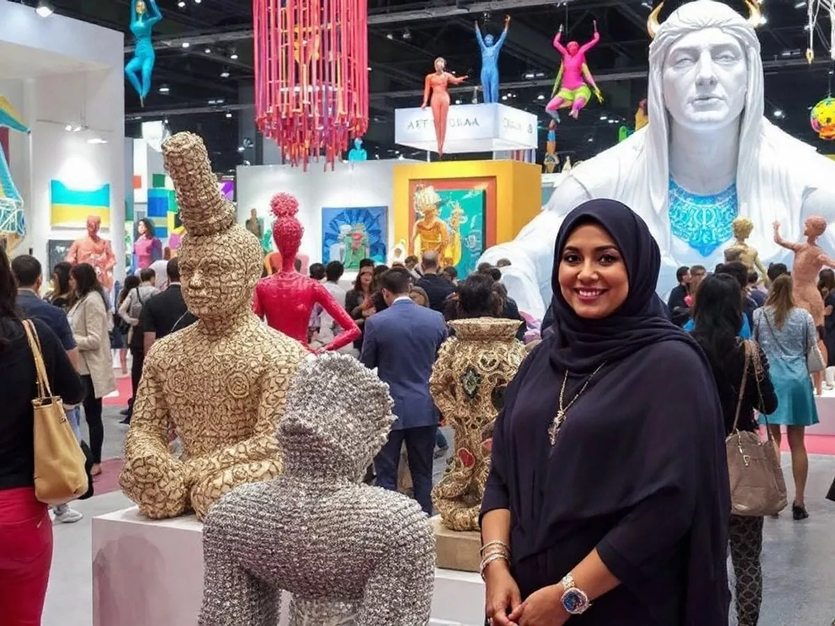 Latifa Bint Mohammed at Art Dubai with vibrant artworks.