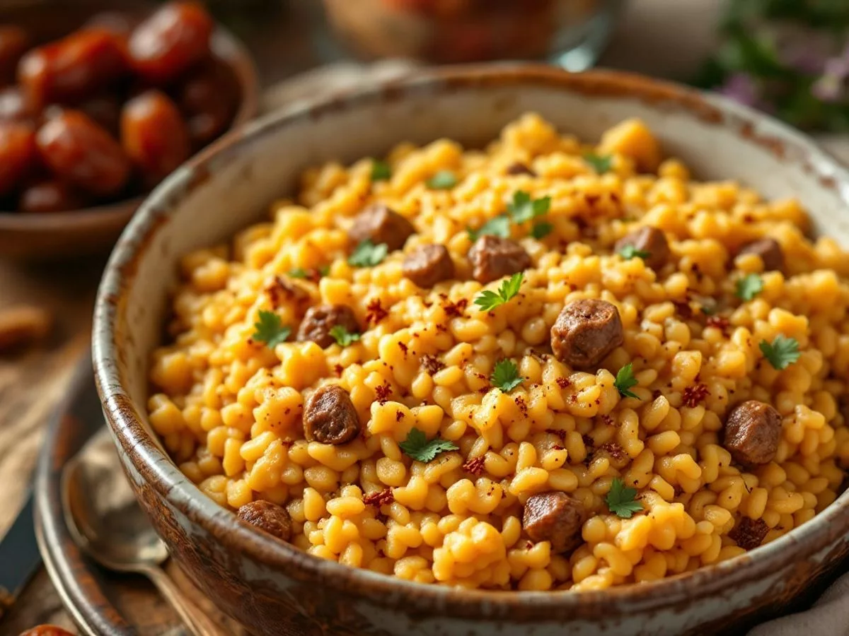 Bowl of Harees with spices and dates on a table.