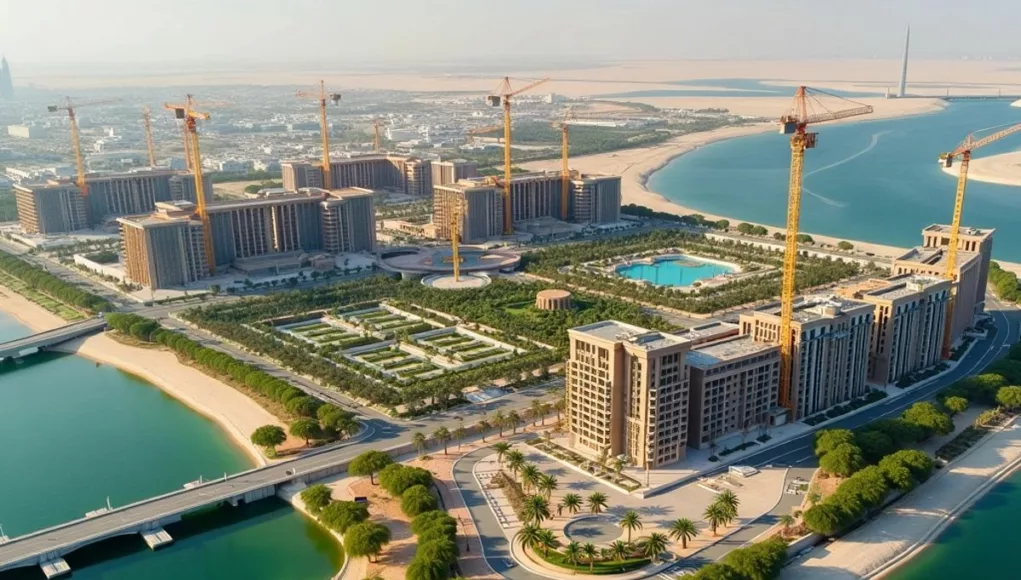 Aerial view of halted construction on Yas Island.