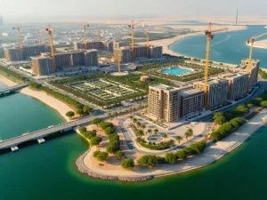 Aerial view of halted construction on Yas Island.